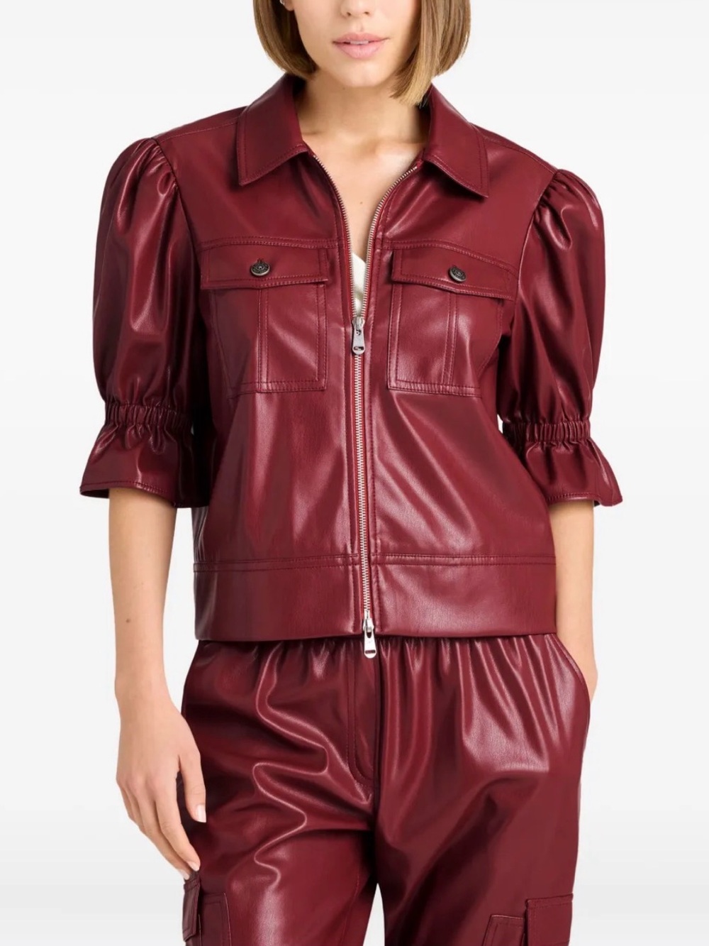 cinq a sept Holly puff-sleeve pocket jacket Faux Leather Zip Jacket